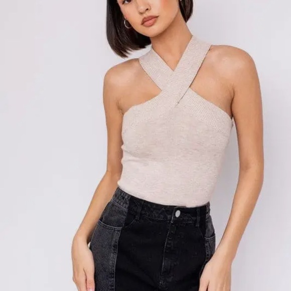 Le Lis Tops - Le Lis Tan Gold Criss Cross Bodysuit